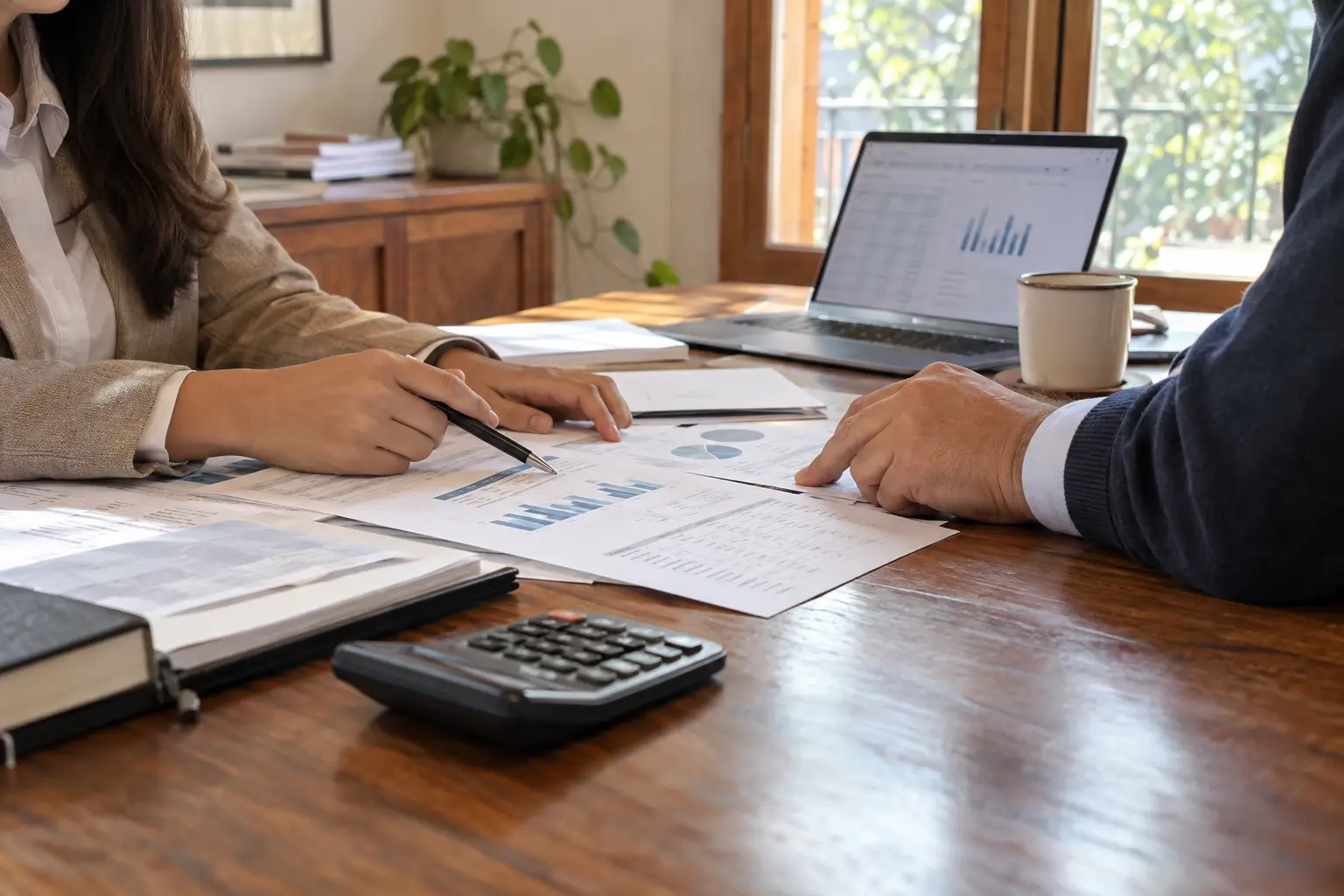 Illustrative scene of financial statements being reviewed on a wooden desk